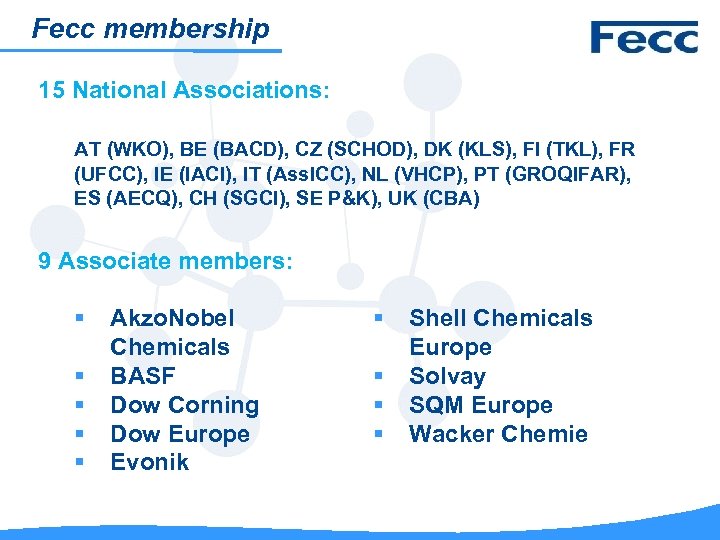 Fecc membership 15 National Associations: AT (WKO), BE (BACD), CZ (SCHOD), DK (KLS), FI