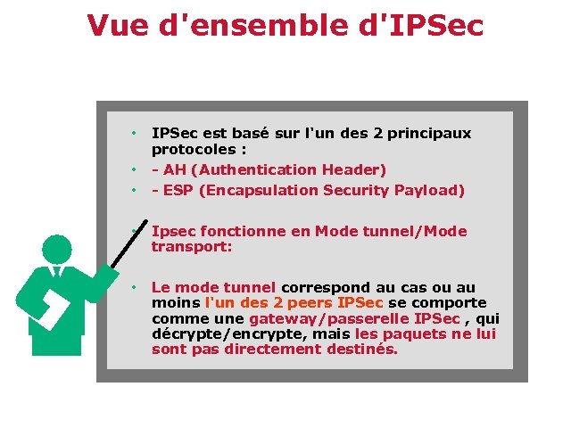 Vue d'ensemble d'IPSec • • • IPSec est basé sur l'un des 2 principaux