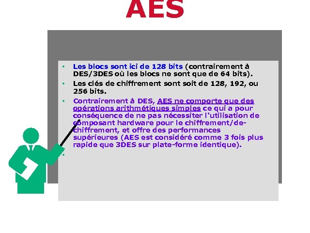 AES • • Les blocs sont ici de 128 bits (contrairement à DES/3 DES