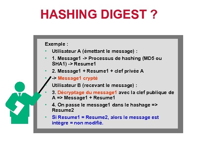 HASHING DIGEST ? Exemple : • Utilisateur A (émettant le message) : • 1.