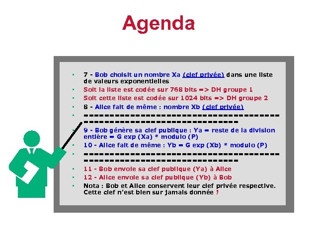 Agenda • • • 7 - Bob choisit un nombre Xa (clef privée) dans