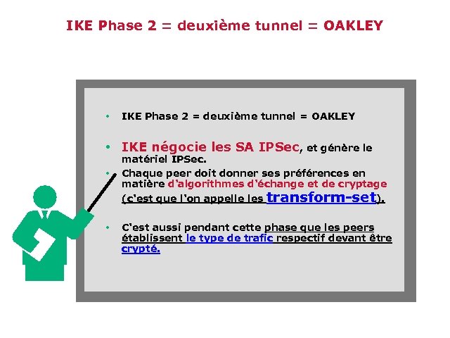 IKE Phase 2 = deuxième tunnel = OAKLEY • IKE négocie les SA IPSec,