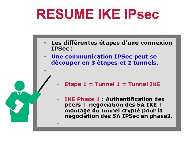 RESUME IKE IPsec • Les différentes étapes d'une connexion IPSec : • Une communication
