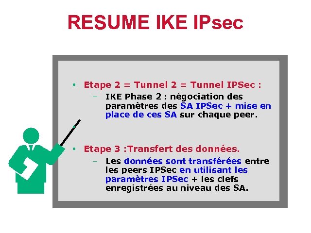 RESUME IKE IPsec • Etape 2 = Tunnel IPSec : – IKE Phase 2