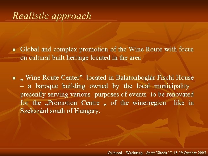 Realistic approach n n Global and complex promotion of the Wine Route with focus