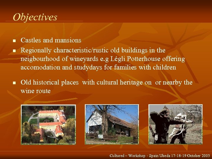 Objectives n n n Castles and mansions Regionally characteristic/rustic old buildings in the neigbourhood