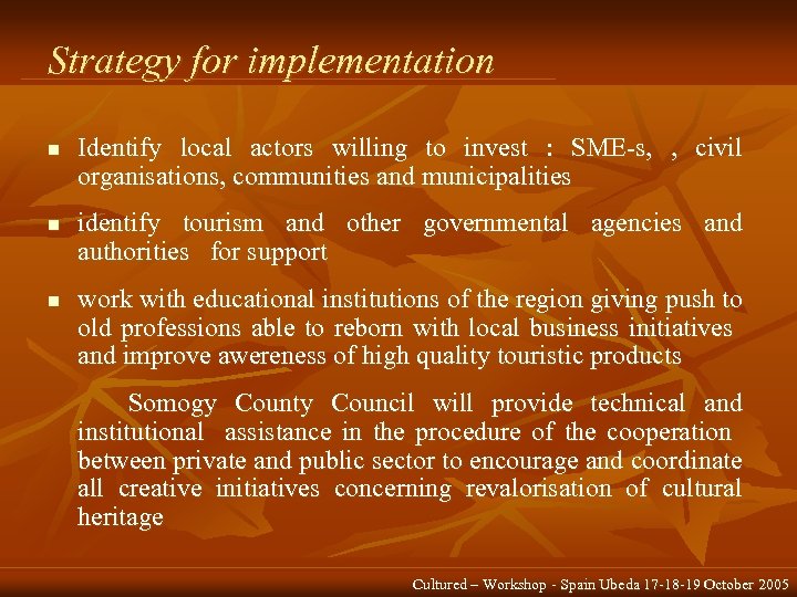 Strategy for implementation n Identify local actors willing to invest : SME-s, , civil