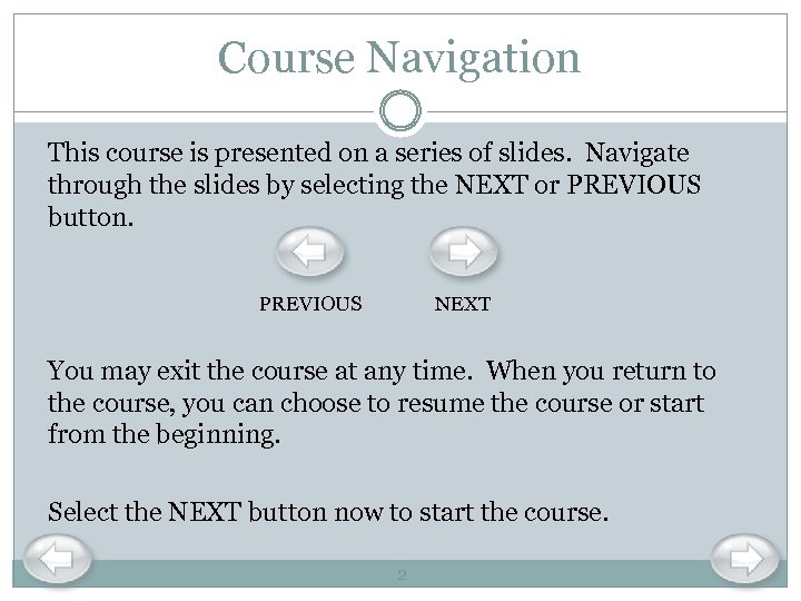 Course Navigation This course is presented on a series of slides. Navigate through the