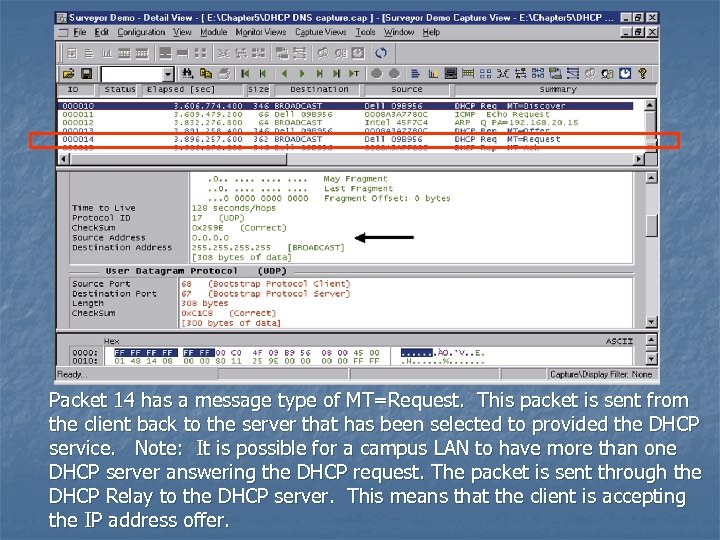 Packet 14 has a message type of MT=Request. This packet is sent from the