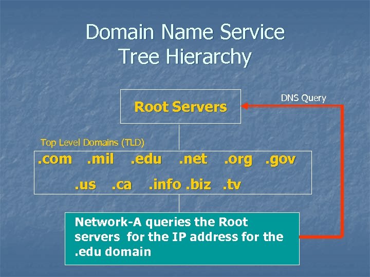 Domain Name Service Tree Hierarchy Root Servers DNS Query Top Level Domains (TLD) .