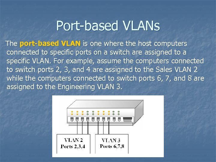 Port-based VLANs The port-based VLAN is one where the host computers connected to specific