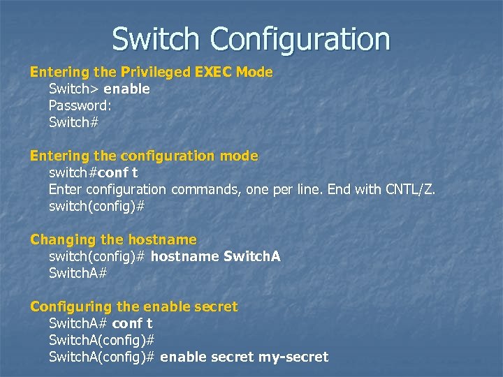Switch Configuration Entering the Privileged EXEC Mode Switch> enable Password: Switch# Entering the configuration