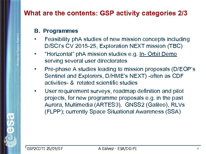 What are the contents: GSP activity categories 2/3 B. Programmes • Feasibility ph. A