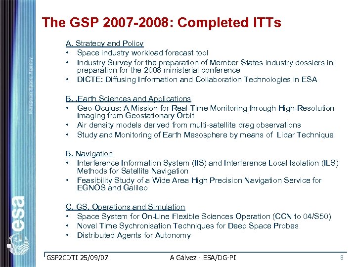 The GSP 2007 -2008: Completed ITTs A. Strategy and Policy • Space industry workload