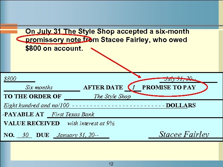 On July 31 The Style Shop accepted a six-month promissory note from Stacee Fairley,