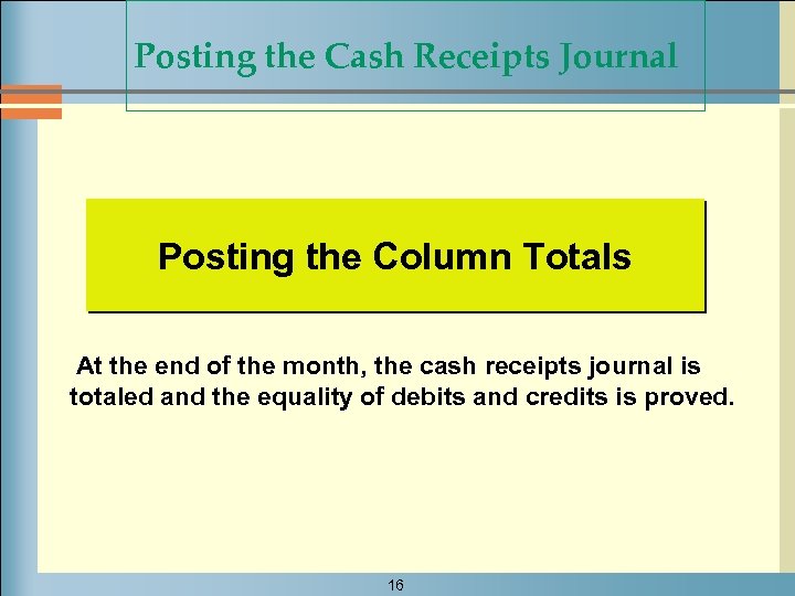 Posting the Cash Receipts Journal Posting the Column Totals At the end of the