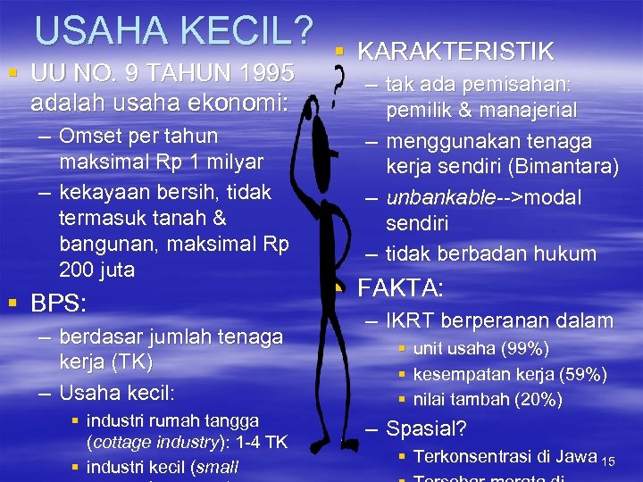 USAHA KECIL? § UU NO. 9 TAHUN 1995 adalah usaha ekonomi: – Omset per