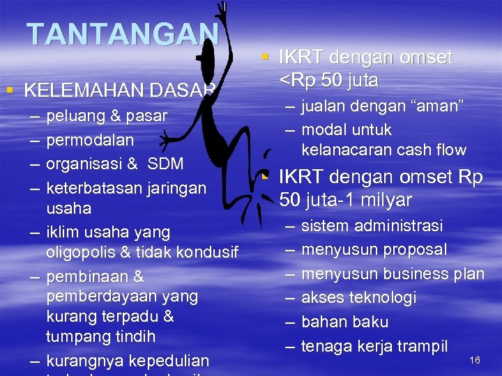 TANTANGAN § KELEMAHAN DASAR – – peluang & pasar permodalan organisasi & SDM keterbatasan
