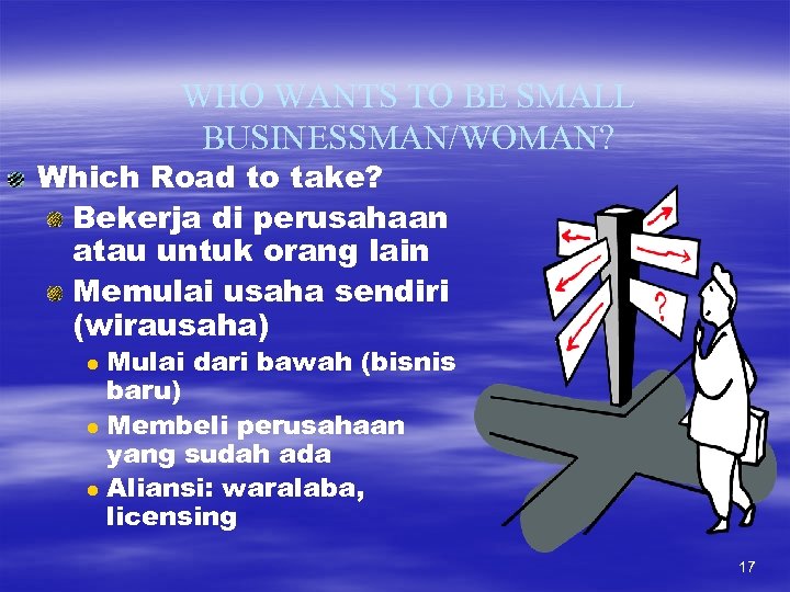 WHO WANTS TO BE SMALL BUSINESSMAN/WOMAN? Which Road to take? Bekerja di perusahaan atau