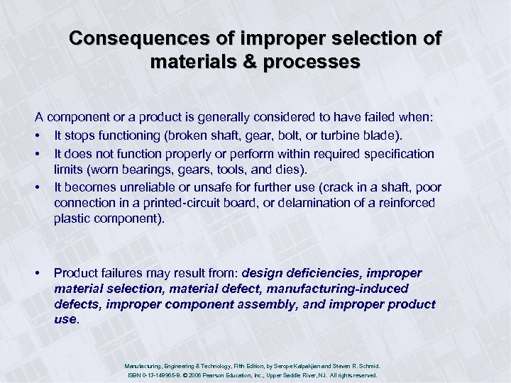 Consequences of improper selection of materials & processes A component or a product is