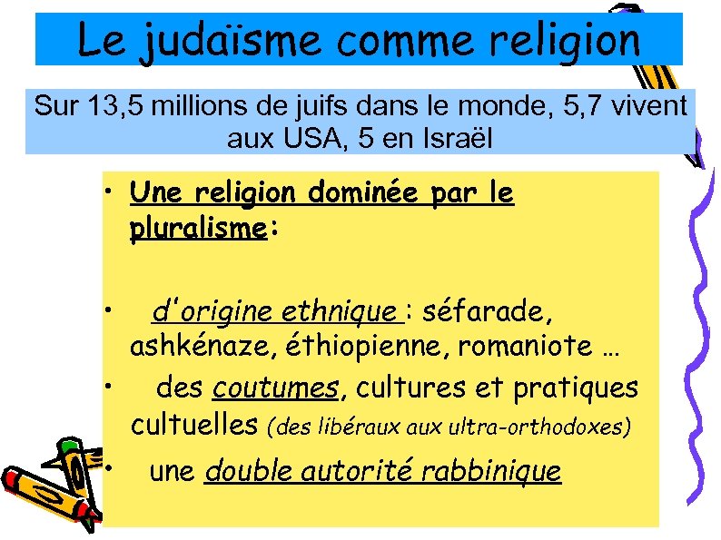 Le judaïsme comme religion Sur 13, 5 millions de juifs dans le monde, 5,