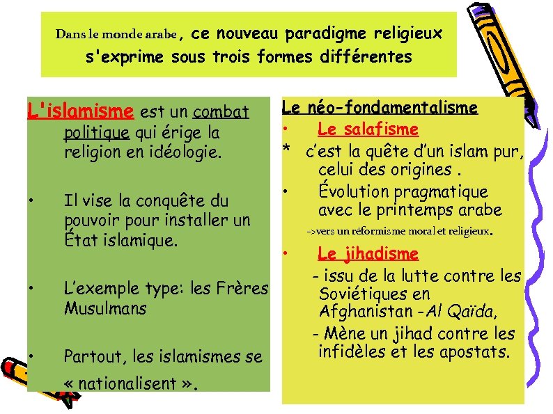 Dans le monde arabe, ce nouveau paradigme religieux s'exprime sous trois formes différentes Le