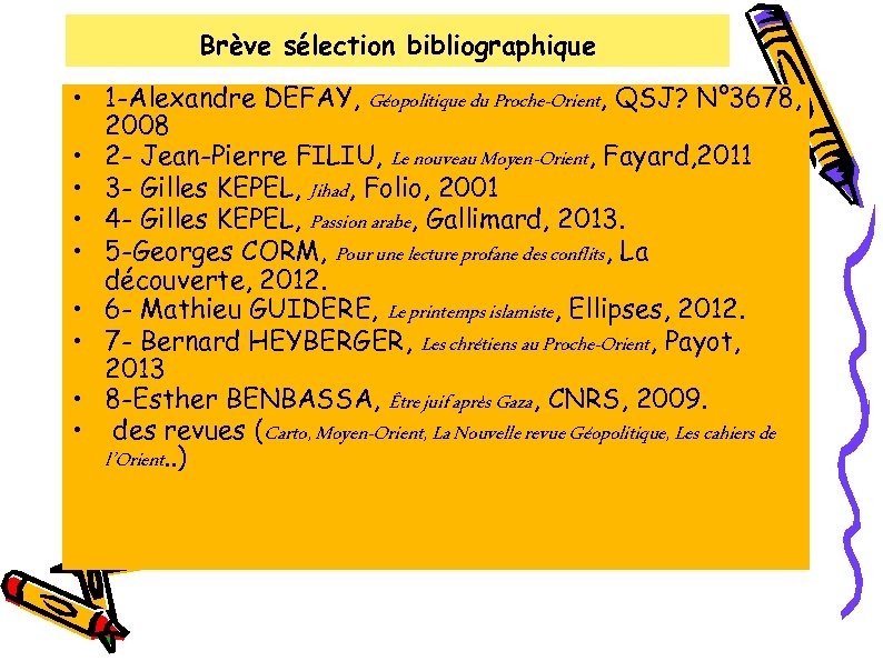 Brève sélection bibliographique • 1 -Alexandre DEFAY, Géopolitique du Proche-Orient, QSJ? N° 3678, 2008