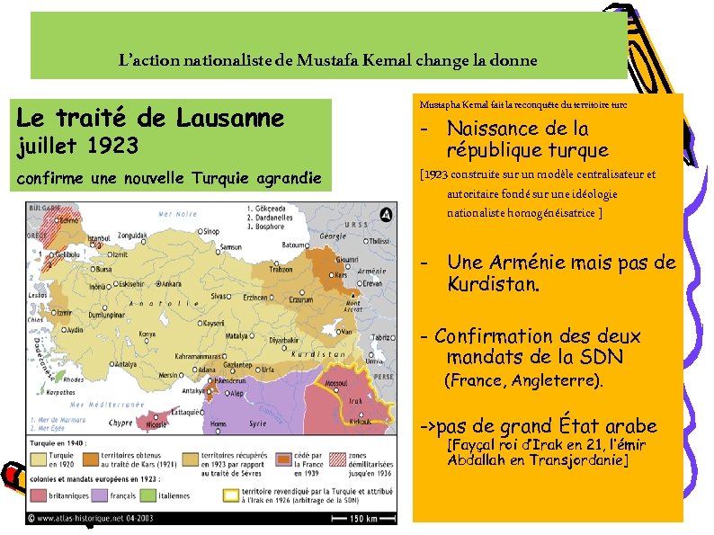 L’action nationaliste de Mustafa Kemal change la donne Le traité de Lausanne Mustapha Kemal