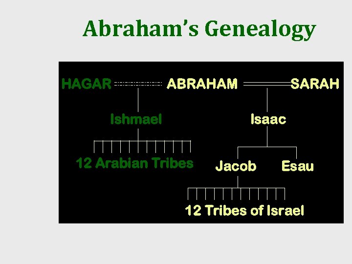 Abraham’s Genealogy HAGAR ABRAHAM Ishmael SARAH Isaac 12 Arabian Tribes Jacob Esau 12 Tribes