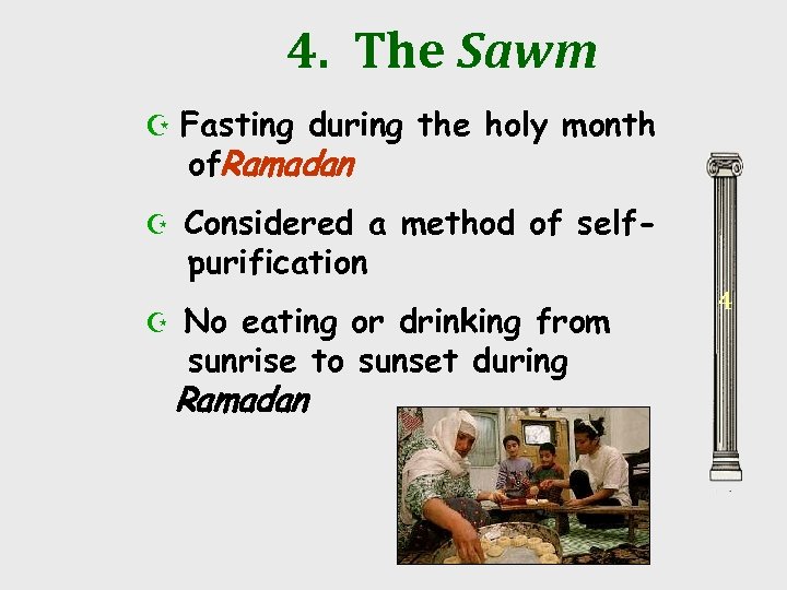 4. The Sawm Z Fasting during the holy month of. Ramadan Z Z Considered