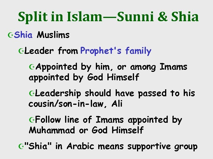 Split in Islam—Sunni & Shia ZShia Muslims ZLeader from Prophet's family ZAppointed by him,