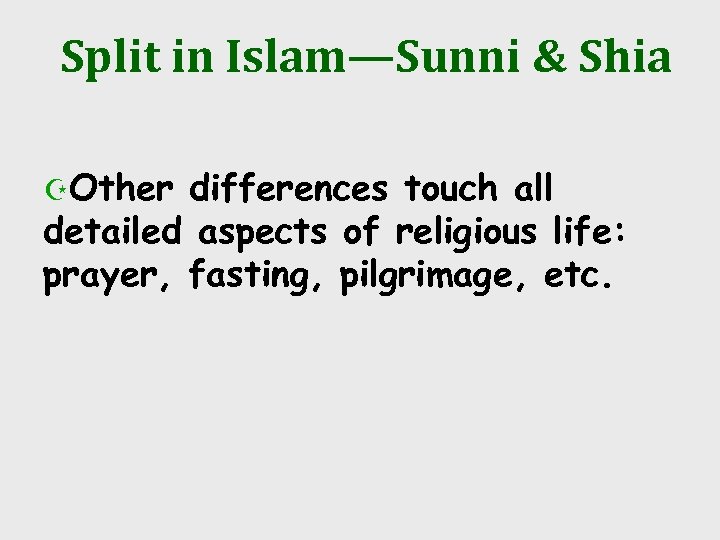 Split in Islam—Sunni & Shia ZOther differences touch all detailed aspects of religious life: