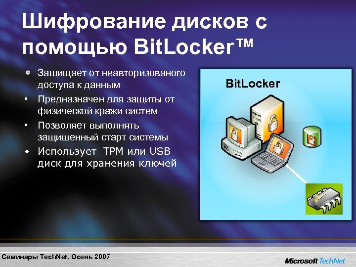 Шифрование дисков с помощью Bit. Locker™ Защищает от неавторизованого доступа к данным • Предназначен