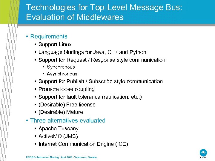 Technologies for Top-Level Message Bus: Evaluation of Middlewares • Requirements • Support Linux •