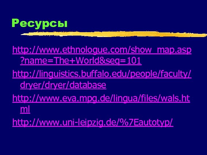 Ресурсы http: //www. ethnologue. com/show_map. asp ? name=The+World&seq=101 http: //linguistics. buffalo. edu/people/faculty/ dryer/database http: