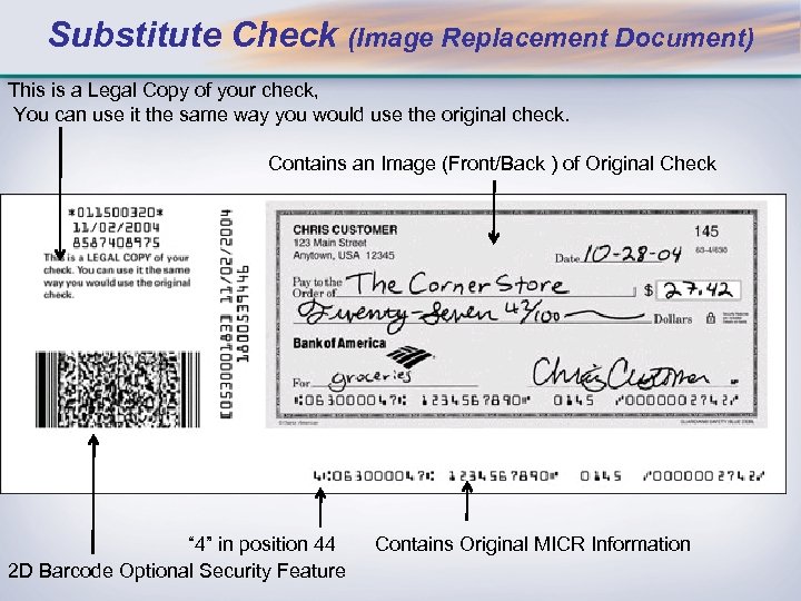 Substitute Check (Image Replacement Document) This is a Legal Copy of your check, You