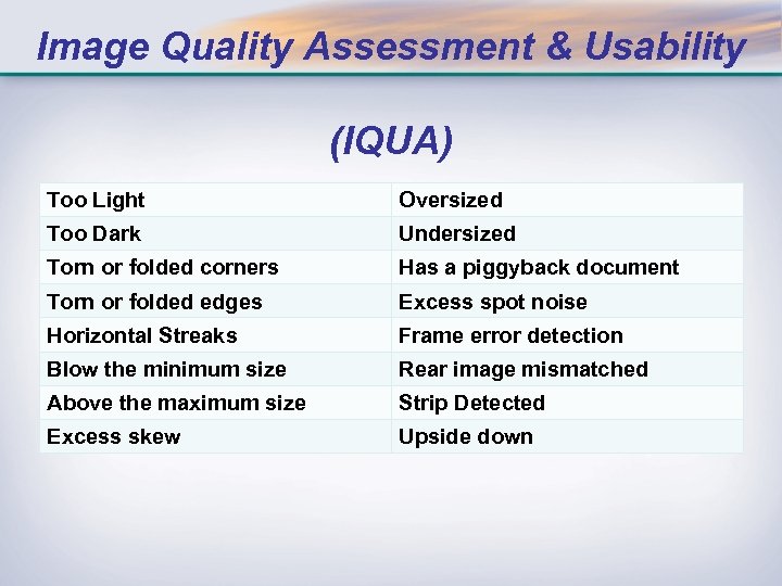 Image Quality Assessment & Usability (IQUA) Too Light Oversized Too Dark Undersized Torn or