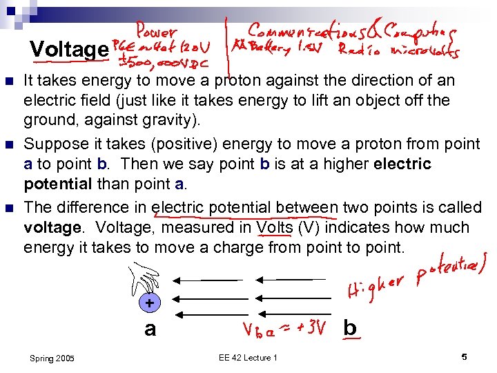 Voltage n n n It takes energy to move a proton against the direction