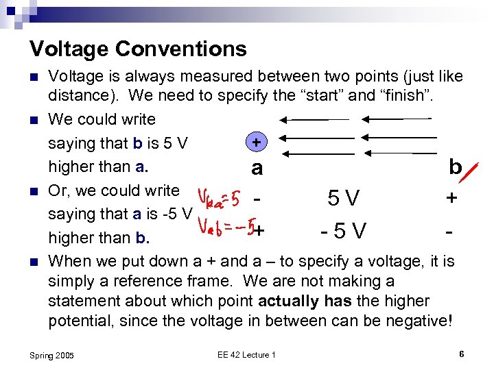 Voltage Conventions n n Voltage is always measured between two points (just like distance).