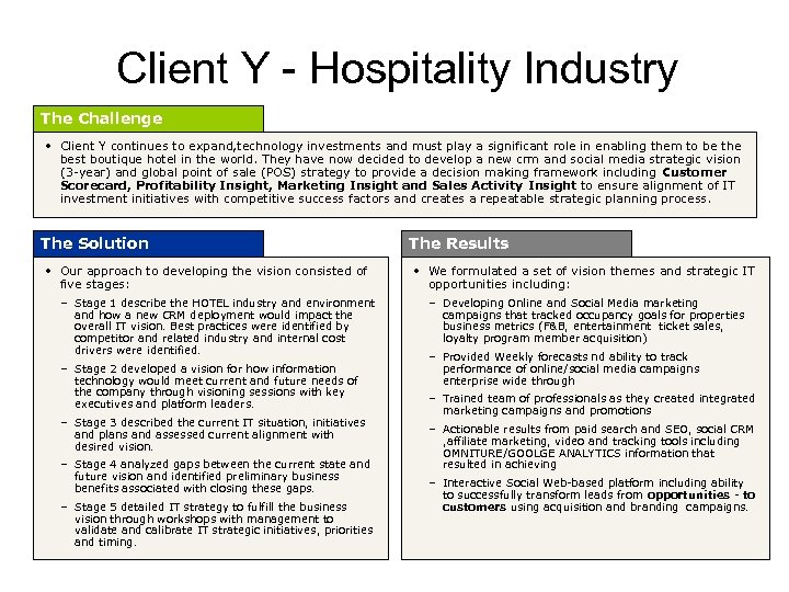 Client Y - Hospitality Industry The Challenge • Client Y continues to expand, technology