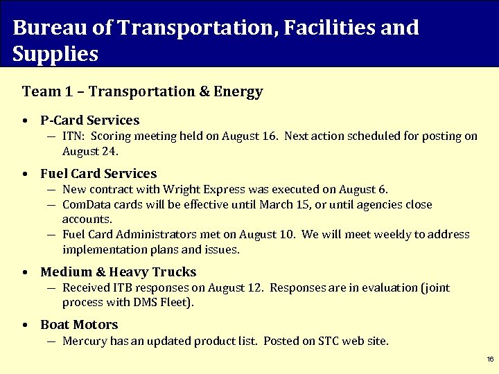 Bureau of Transportation, Facilities and Supplies Team 1 – Transportation & Energy • P-Card