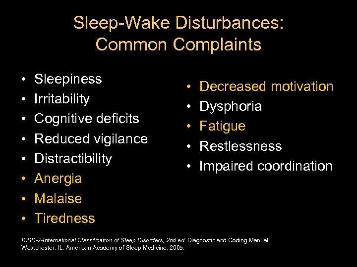 Sleep-Wake Disturbances: Common Complaints • • Sleepiness Irritability Cognitive deficits Reduced vigilance Distractibility Anergia