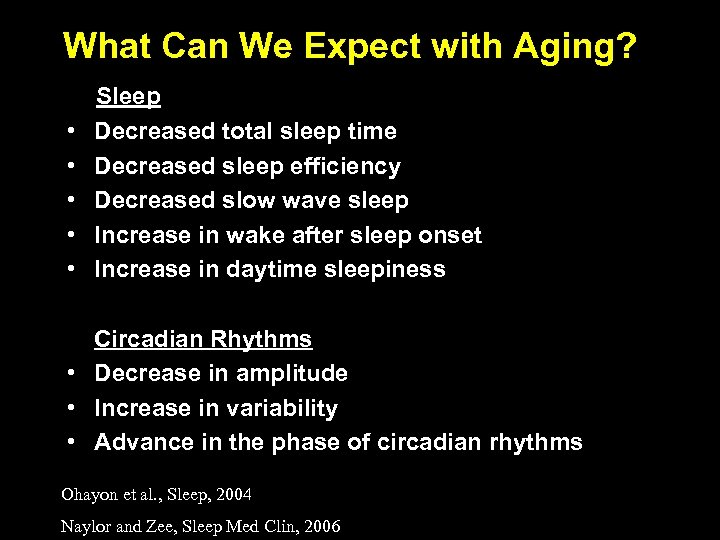 What Can We Expect with Aging? • • • Sleep Decreased total sleep time