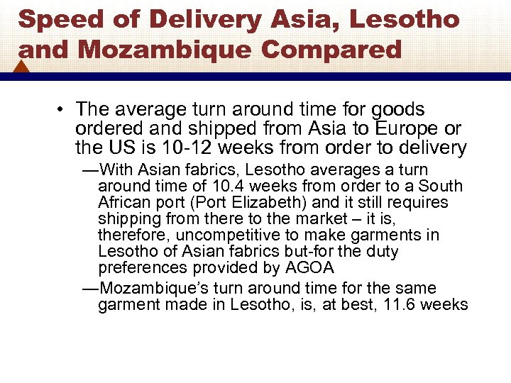 Speed of Delivery Asia, Lesotho and Mozambique Compared • The average turn around time