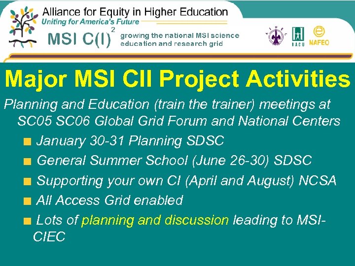 Project Venues Major MSI CII Project Activities Planning and Education (train the trainer) meetings
