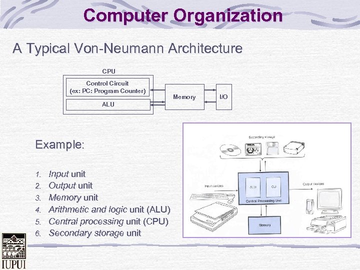 Computer Organization A Typical Von-Neumann Architecture CPU Control Circuit (ex: PC: Program Counter) ALU