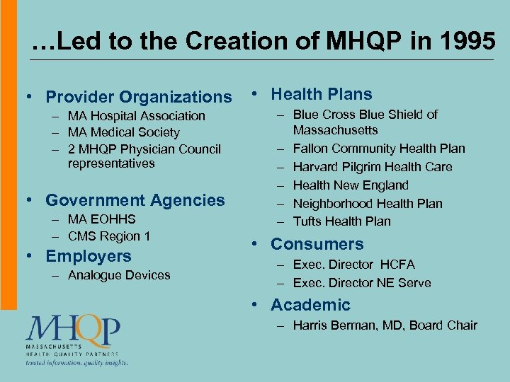 …Led to the Creation of MHQP in 1995 • Provider Organizations – MA Hospital