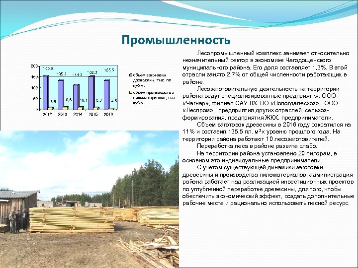 Промышленность Лесопромышленный комплекс занимает относительно незначительный сектор в экономике Чагодощенского муниципального района. Его доля