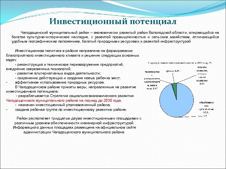 Инвестиционный потенциал Чагодощенский муниципальный район – экономически развитый район Вологодской области, опирающийся на богатое
