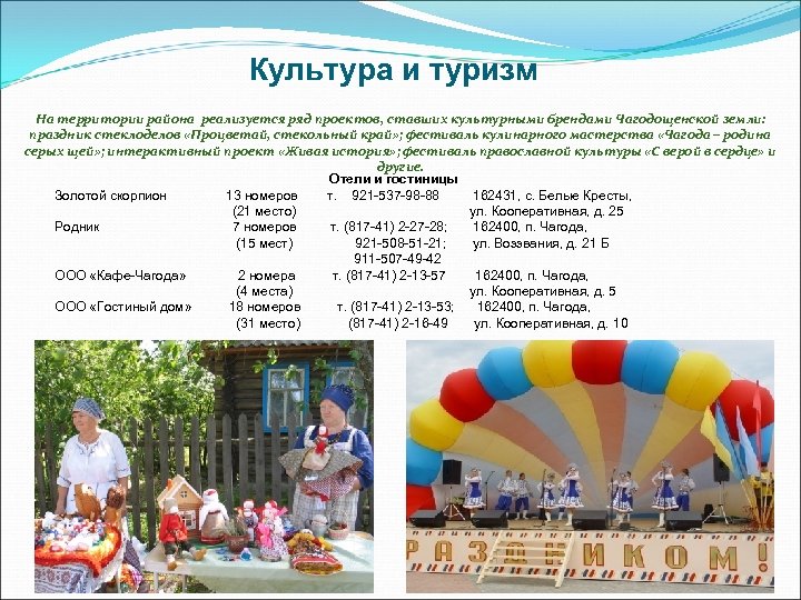 Культура и туризм На территории района реализуется ряд проектов, ставших культурными брендами Чагодощенской земли: